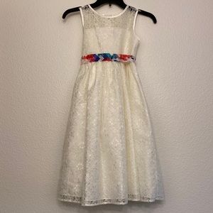 My Best Kid, ivory colored dress with multi colored sash, girls size 7-8